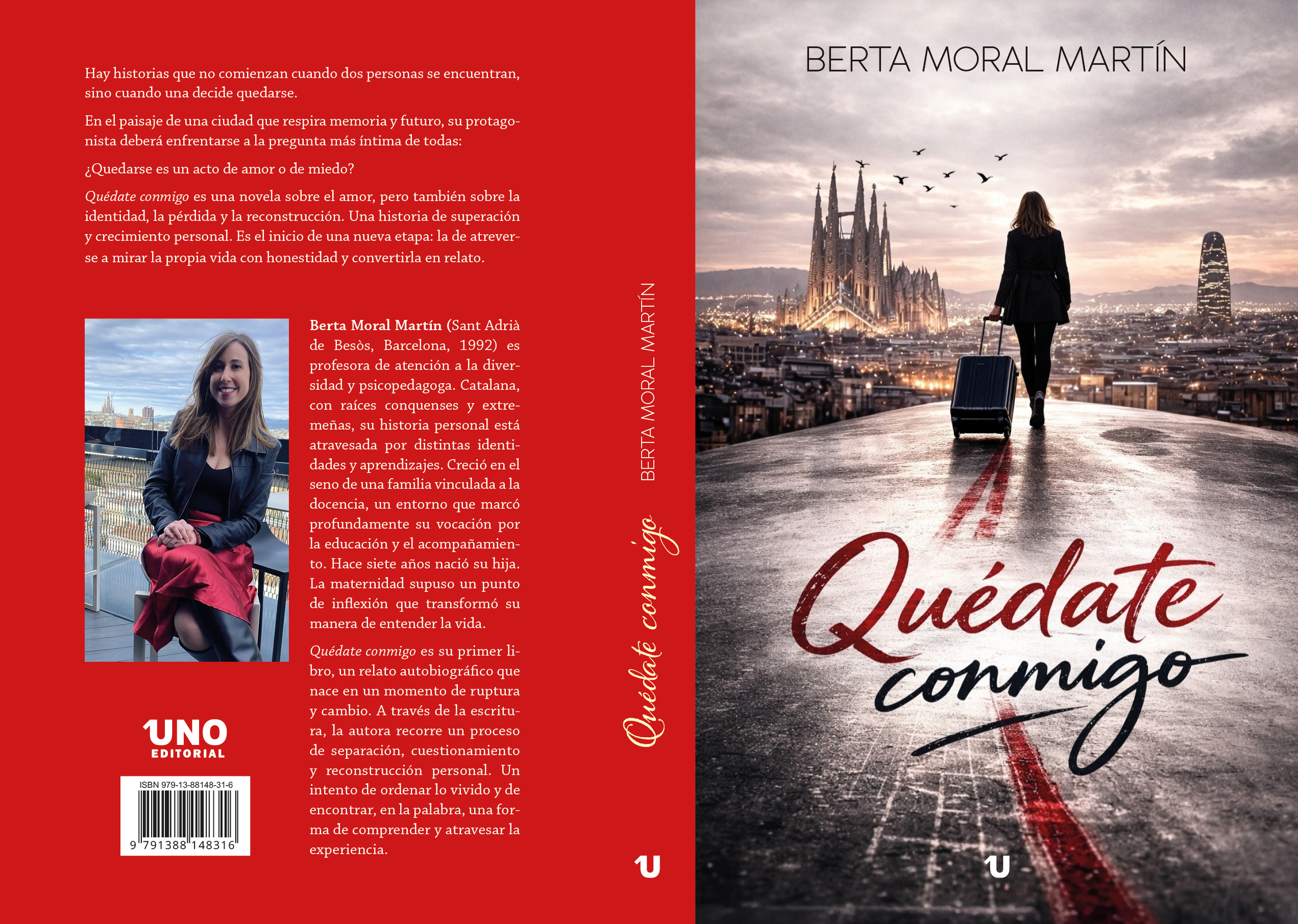 Cubierta completa de Quédate conmigo, con contraportada, lomo y portada